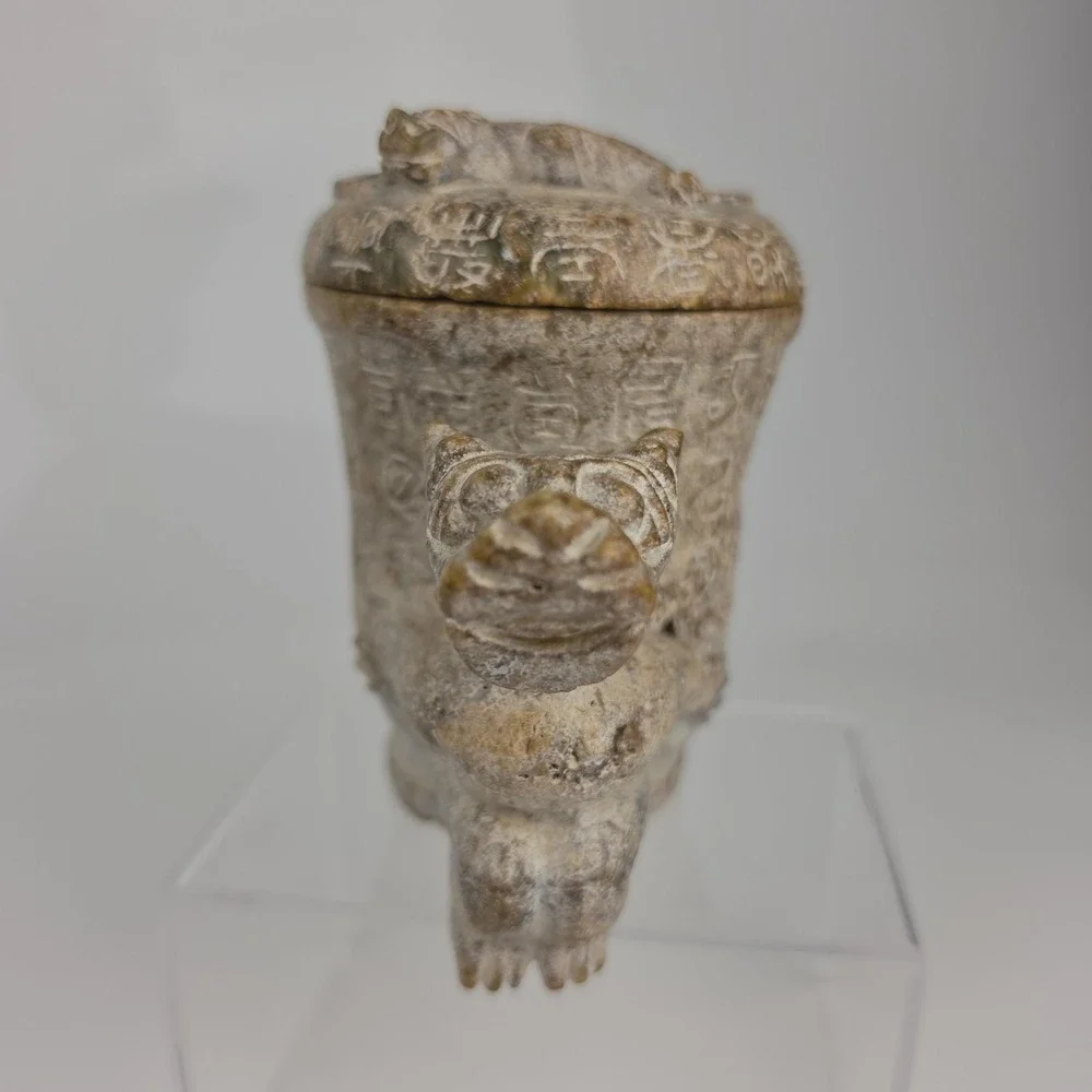 Chinese Carved Stone Gong Vessel Han Dynasty Style Dragon Lid Archaic READ